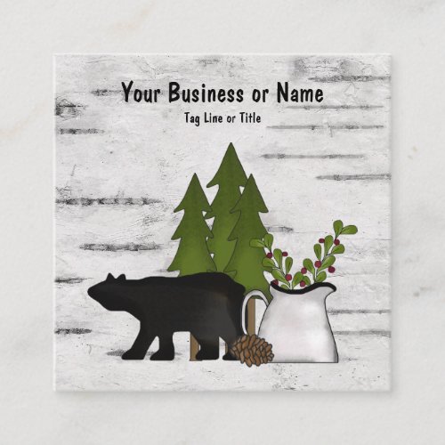 Rustic Country Silhouette Bear on Birch Tree Bark Square Business Card