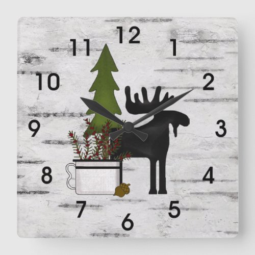 Rustic Country Silhouette Moose and Trees on Birch Square Wall Clock