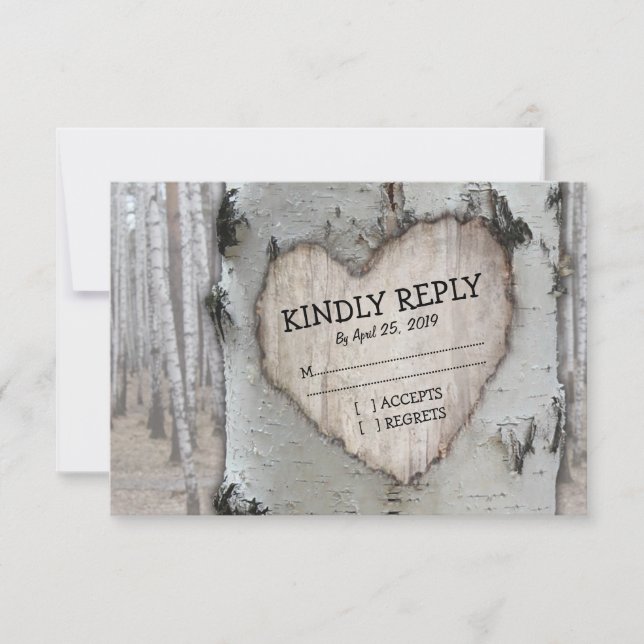 Rustic Country Silver Birch Tree Wedding RSVP Card (Front)