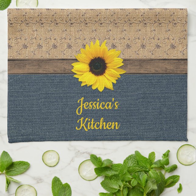 Rustic Country Simulated Burlap Denim Sunflower Kitchen Towel (Folded)