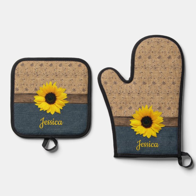Rustic Country Simulated Burlap Denim Sunflower Oven Mitt & Pot Holder Set (Front)