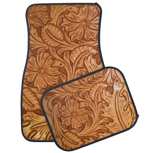 Rustic country southwest style western leather car floor mat (Set)