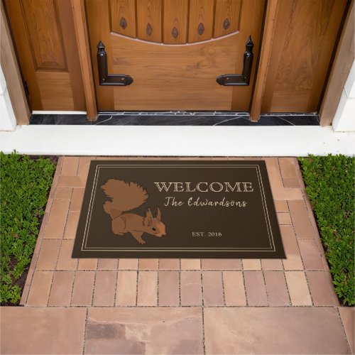 Rustic country squirrel family name Welcome Doormat