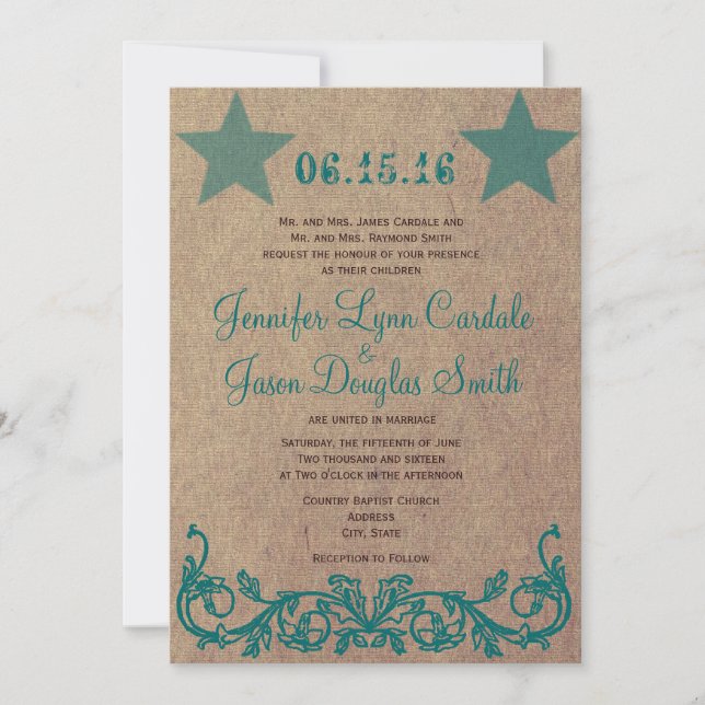Rustic Country Star Brown Teal Wedding Invitations (Front)