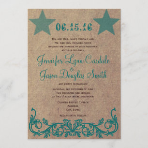 Rustic Country Star Brown Teal Wedding Invitations