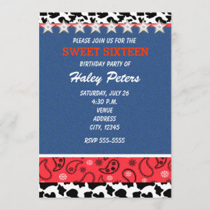 Rustic Country Stars & Cow Print Bandanna Party Invitation