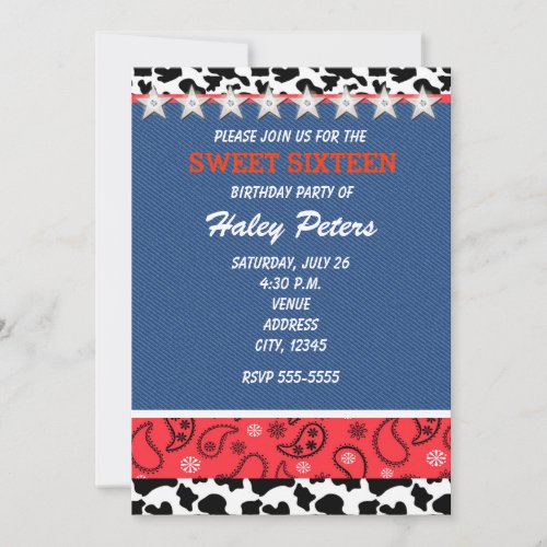 Rustic Country Stars  Cow Print Bandanna Party Invitation