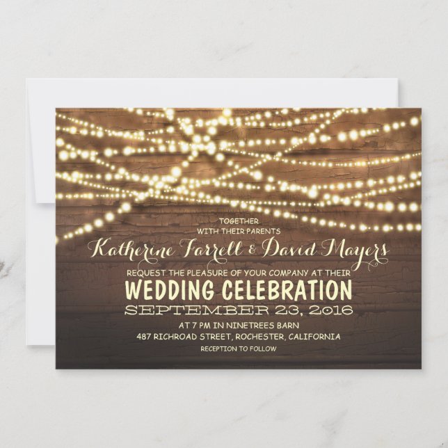 Rustic Country String Lights and Wood Wedding Invitation (Front)