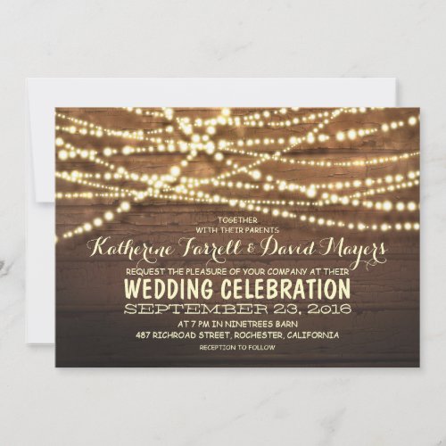 Barn wood string lights rustic wedding invitations