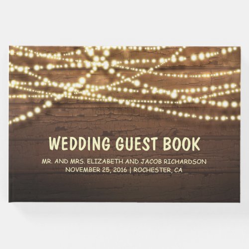 Rustic Country String Lights Barn Wood Wedding Guest Book