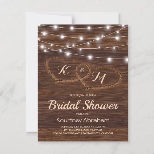 Rustic Country String Lights Bridal Shower Invitation - Country barn wedding bridal shower invitations featuring a rustic wood background, two carved hearts, your initials and a bridal party template that is easy to personalize. Click on the “Customize it” button for further personalization of this template. You will be able to modify all text, including the style, colors, and sizes. You will find matching items further down the page, if however you can't find what you looking for please contact me.