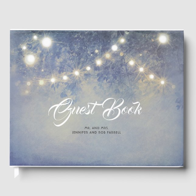 Rustic Country String Lights Dusty Blue Wedding Guest Book (Front)