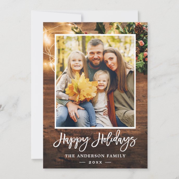 Rustic Country String Lights Family Portrait Photo Holiday Card