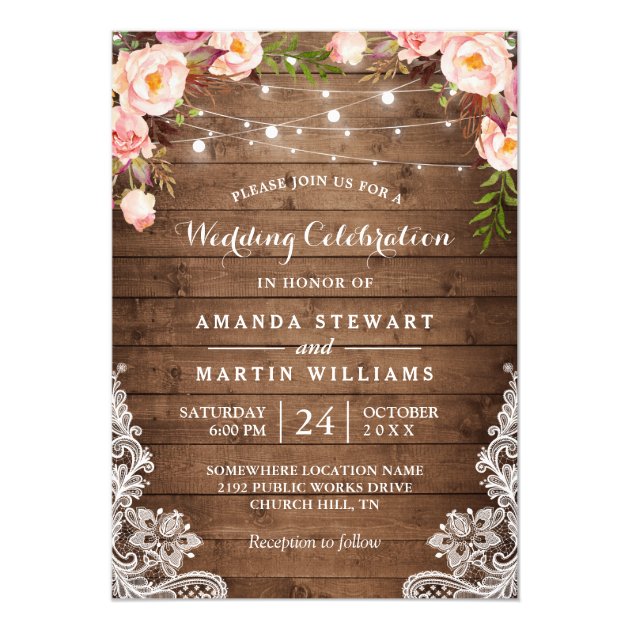 Rustic Country String Lights Floral Lace Wedding Invitation