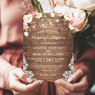 Rustic Country String Lights Floral Lace Wedding Invitation
