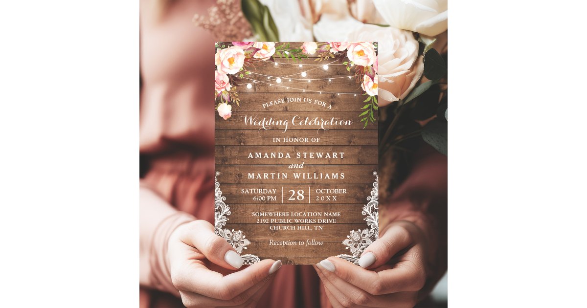 Rustic Country String Lights Floral Lace Wedding Invitation | Zazzle