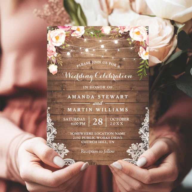Rustic Country String Lights Floral Lace Wedding Invitation | Zazzle