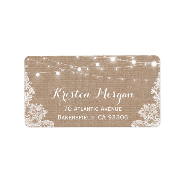 Rustic Country String Lights Lace Burlap Wedding Label