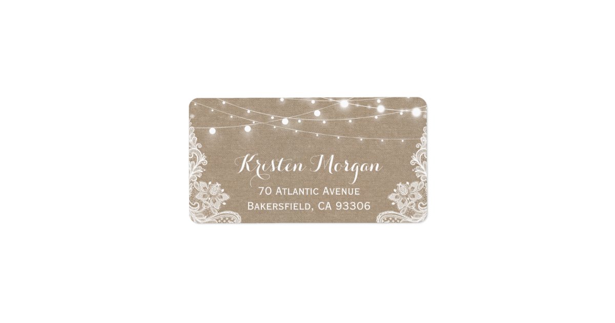 Rustic Country String Lights Lace Burlap Wedding Label | Zazzle