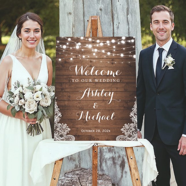 Rustic Country String Lights Lace Wedding Foam Board (Creator Uploaded)
