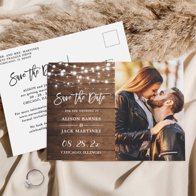 Rustic Country String Lights Photo Save the Date Postcard (Creator Uploaded)