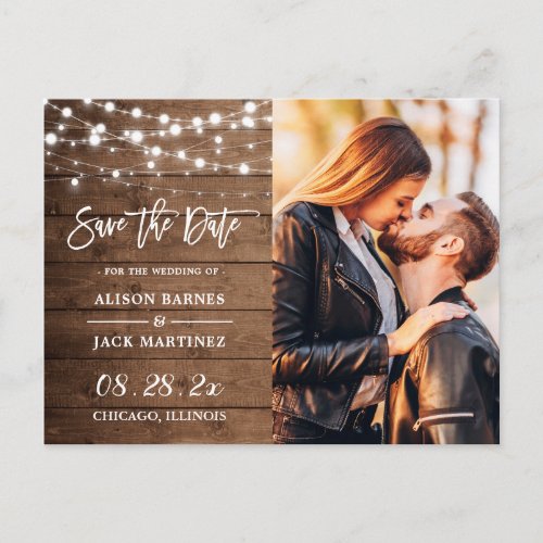 Rustic Country String Lights Photo Save the Date Postcard - Rustic Country Wood String Lights Photo Save the Date Postcard