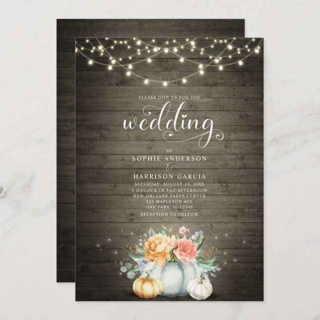 Rustic Country String Lights Pumpkin Fall Wedding Invitation (Front/Back)
