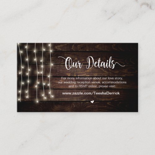 Rustic Country String Lights Wedding Details Enclosure Card