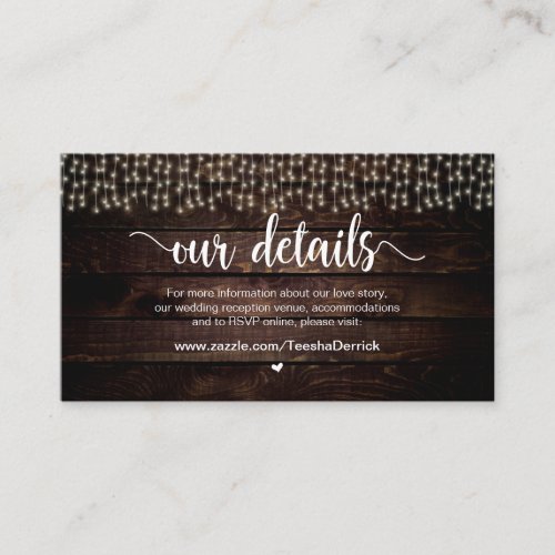 Rustic Country String Lights Wedding Details Enclosure Card