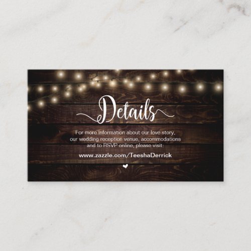 Rustic Country String Lights  Wedding Details Enclosure Card