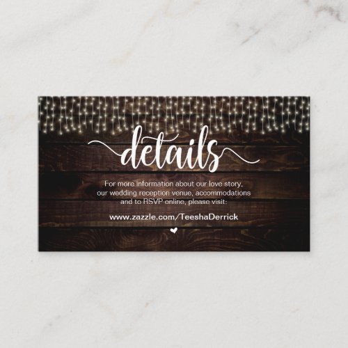 Rustic Country String Lights Wedding Details Enclosure Card