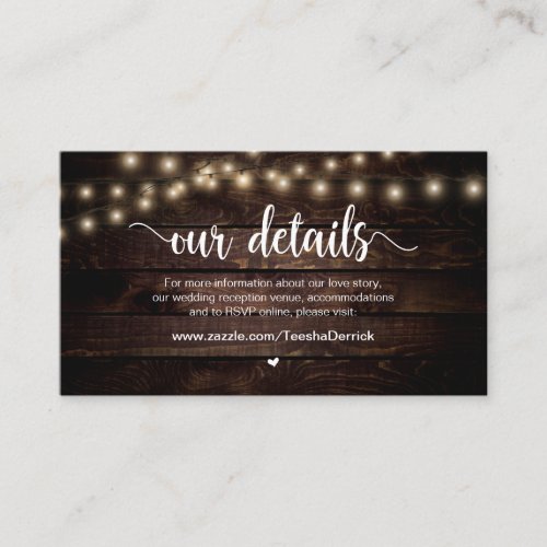 Rustic Country String Lights  Wedding Details Enclosure Card