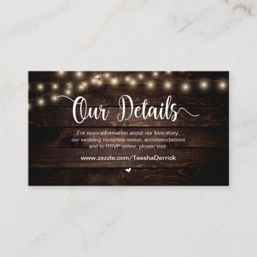 Rustic Country String Lights  Wedding Details Enclosure Card