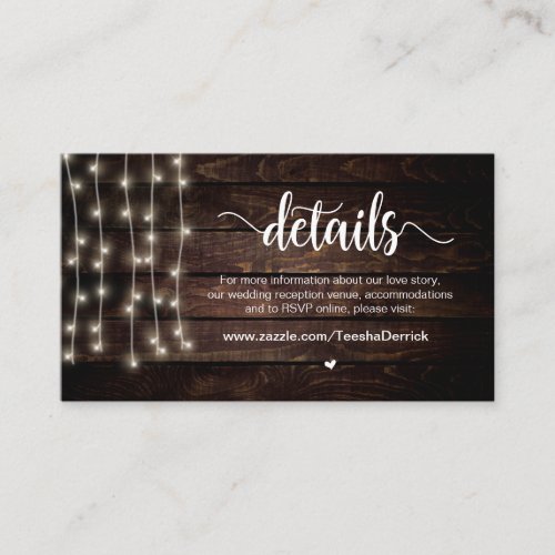 Rustic Country String Lights Wedding Details Enclosure Card