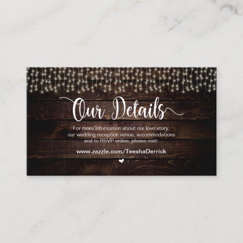 Rustic Country String Lights Wedding Details Enclosure Card