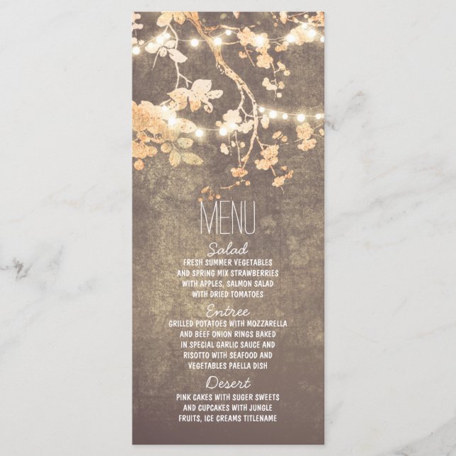 rustic country string lights wedding menu cards (Front)