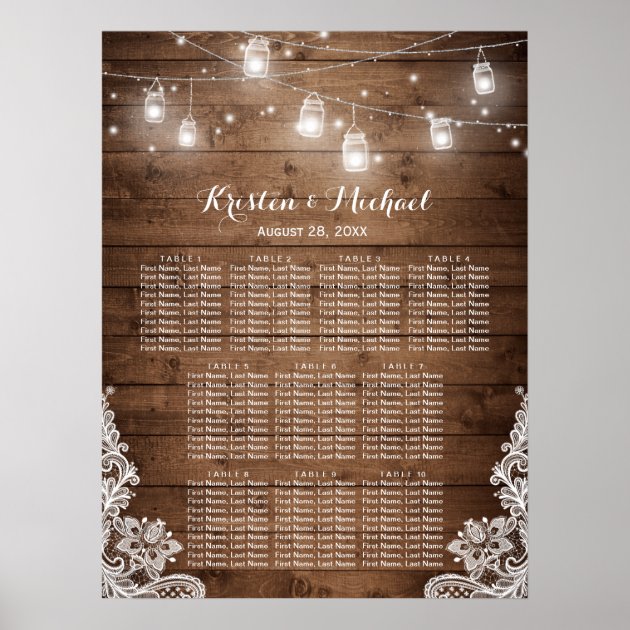 Rustic Country String Lights Wedding Seating Chart Poster