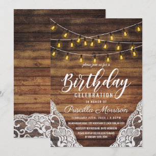 Rustic Country String Lights Wood Lace Birthday Invitation