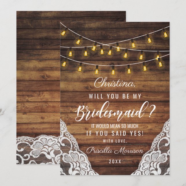 Rustic Country String Lights Wood Lace Bridesmaid Invitation (Front/Back)