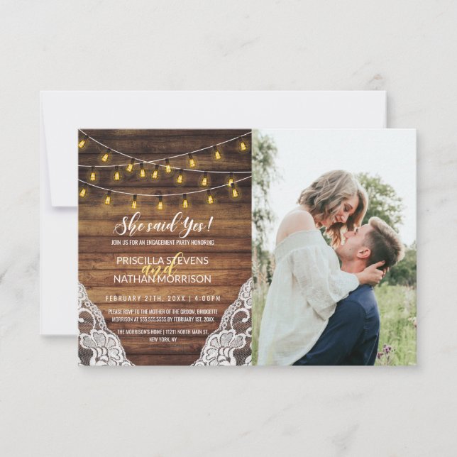 Rustic Country String Lights Wood Lace Engagement Announcement (Front)