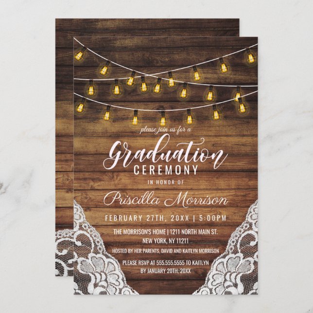 Rustic Country String Lights Wood Lace Graduation Invitation (Front/Back)