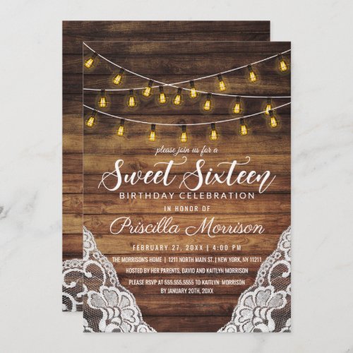 Rustic Country String Lights Wood Lace Sweet 16 Invitation