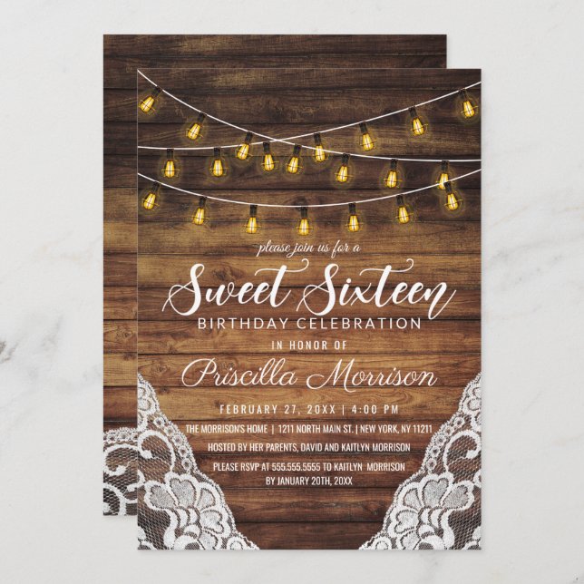 Rustic Country String Lights Wood Lace Sweet 16 Invitation (Front/Back)