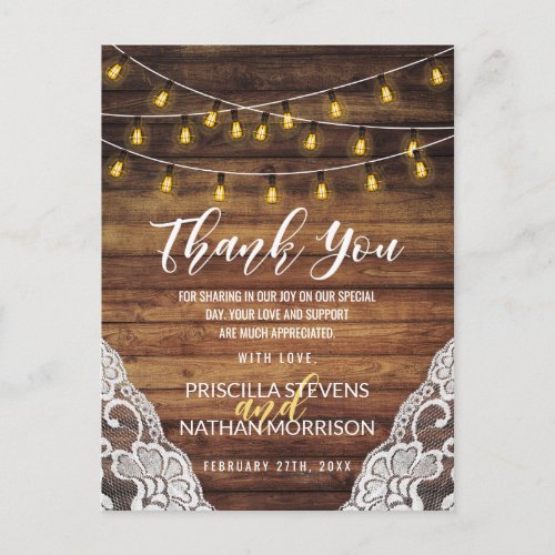 Rustic Country String Lights Wood Lace Thank You Postcard