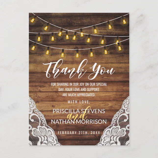 Rustic Country String Lights Wood Lace Thank You Postcard | Zazzle