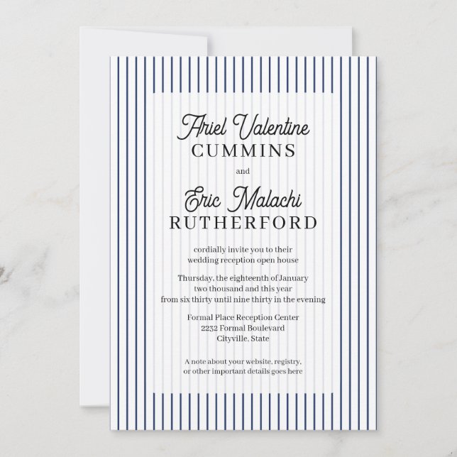 Rustic Country-Style Blue Pinstripe Couple-Hosted Invitation (Front)