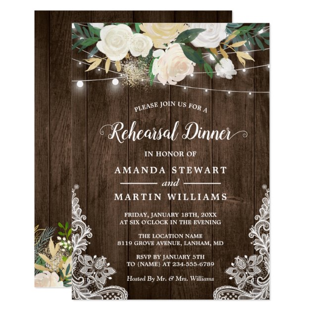 Rustic Country Style Ivory Floral Rehearsal Dinner Invitation
