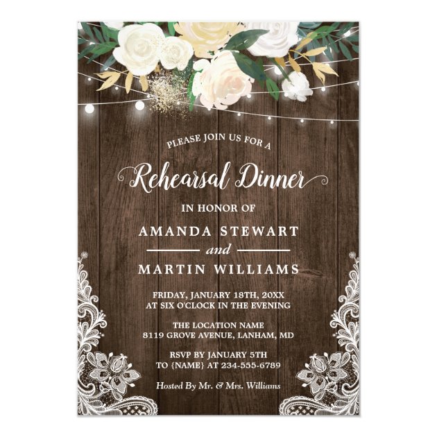 Rustic Country Style Ivory Floral Rehearsal Dinner Invitation