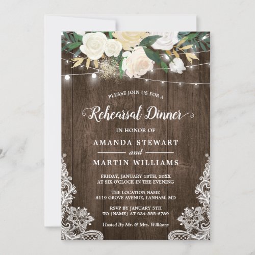 Rustic Country Style Ivory Floral Rehearsal Dinner Card