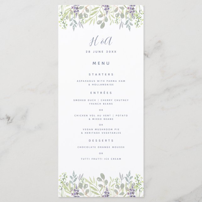 Rustic country style olive green Wedding Breakfast Menu (Front)